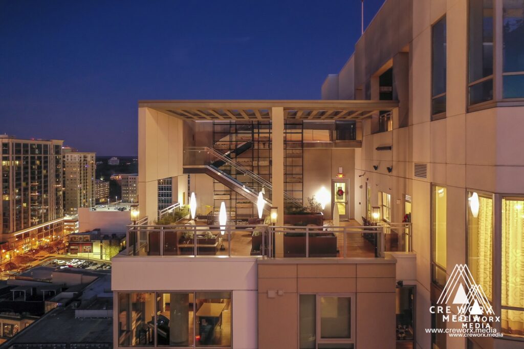 Rooftop terrace at Modera Buckhead at dusk, Buckhead, Atlanta