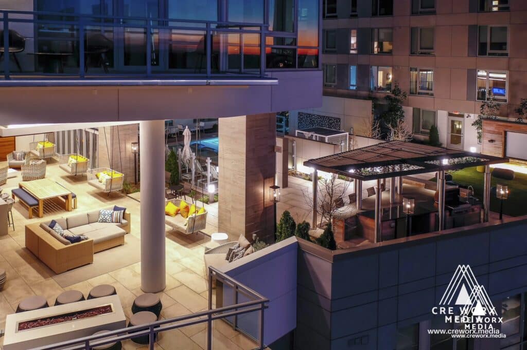 Amenity deck lounge and fire table at Modera Buckhead