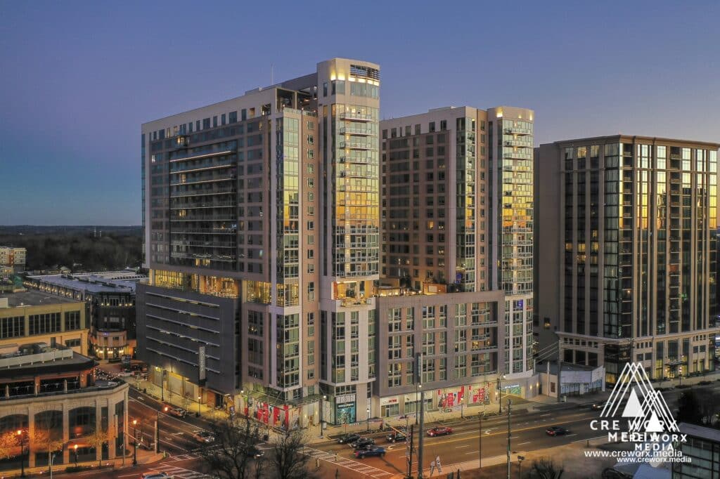 Modera Buckhead tower at dusk in Buckhead, Atlanta